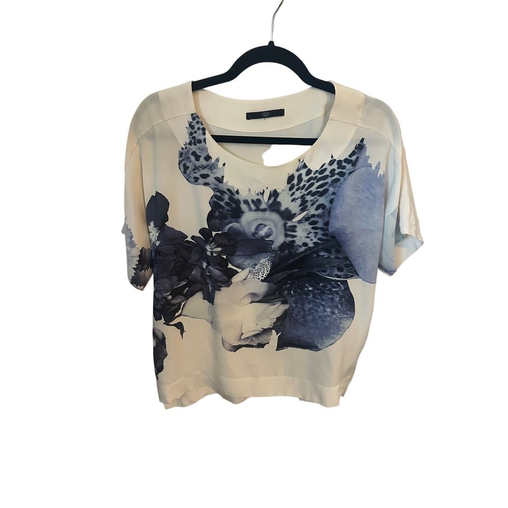 Tibi Abstract Watercolor Floral Short Sleeve Silk Blouse, Blue, Cream